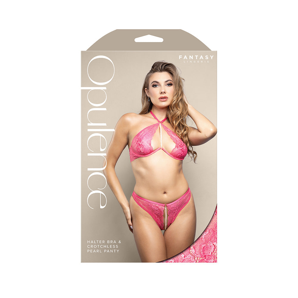 Opulence Pearl Halter Bra & Crotchless Panty Set - M/L