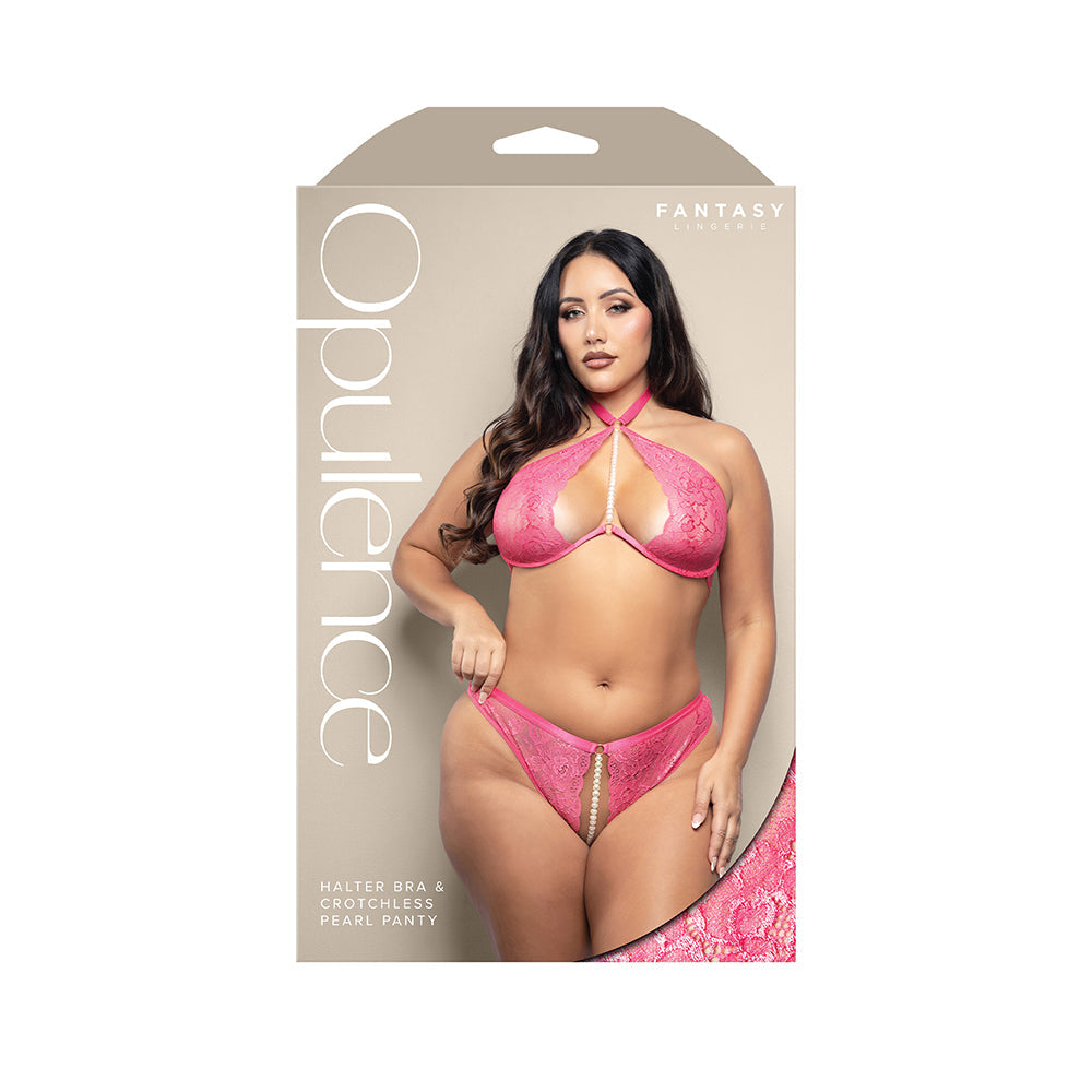 Opulence Pearl Halter Bra & Crotchless Panty Set - Queen Size