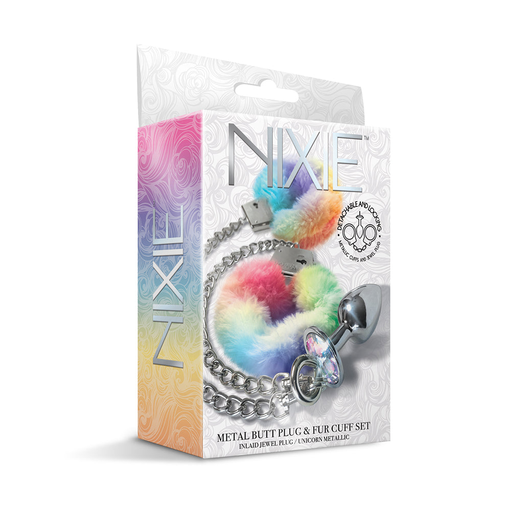 NIXIE Metal Plug & Rainbow Faux Fur Cuff Set - Medium Anal Toy