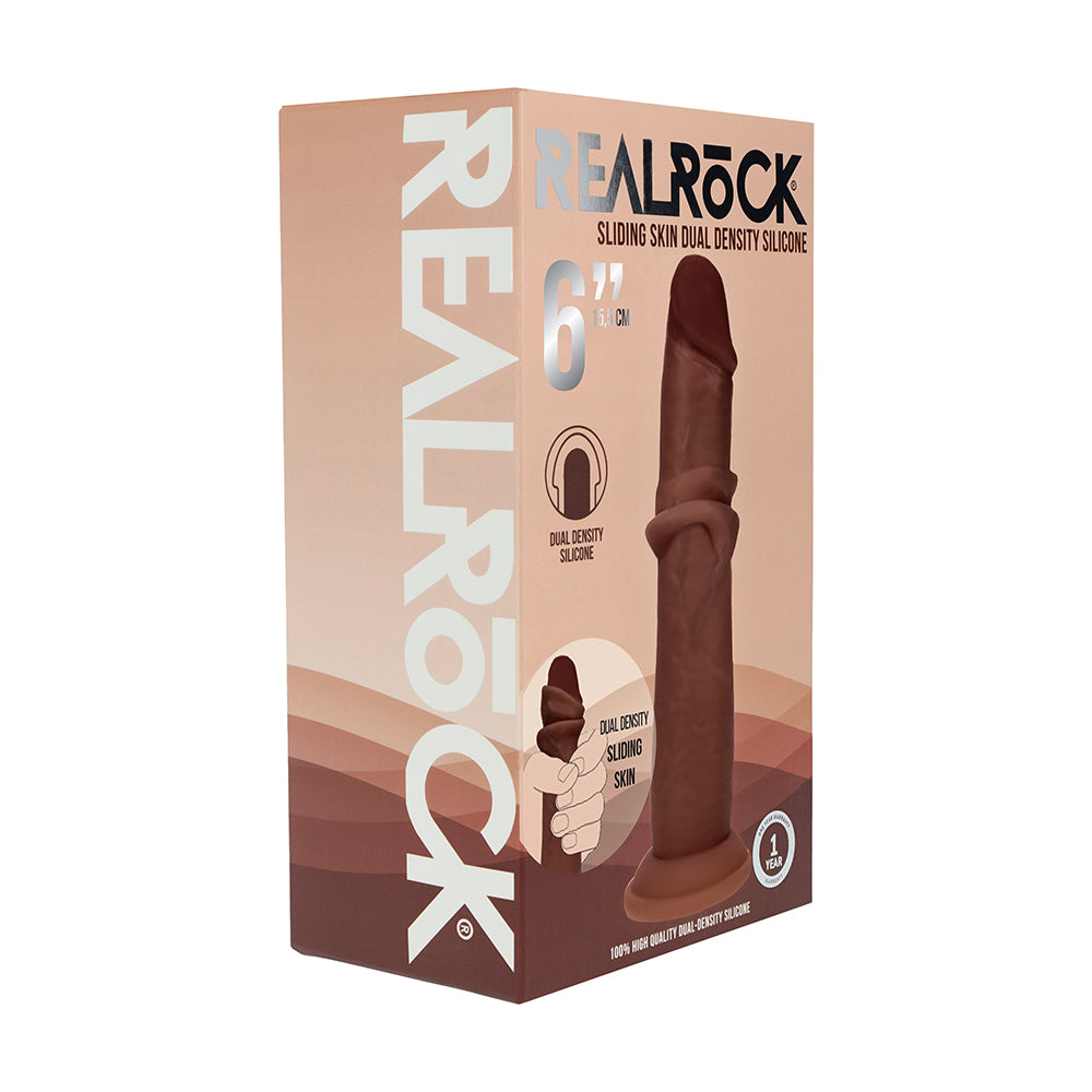Realrock Sliding Skin Dual Density Silicone Dildo - 6 in. Brown