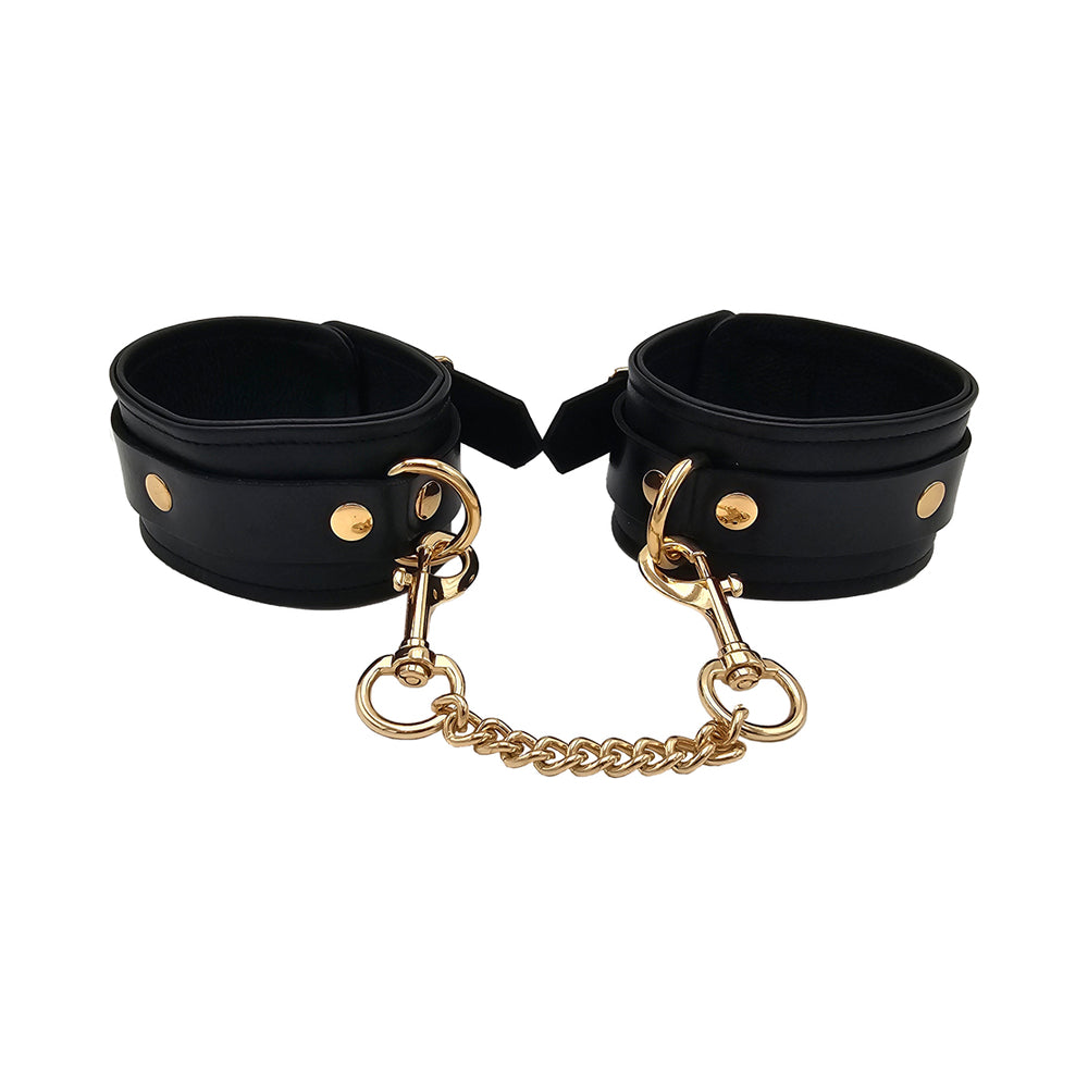 Rouge Leather Plain Ankle Cuffs - Black with Gold Accessories