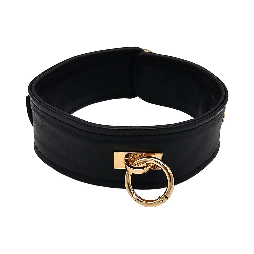 Rouge Leather Plain Collar Black/Gold for Bondage Play