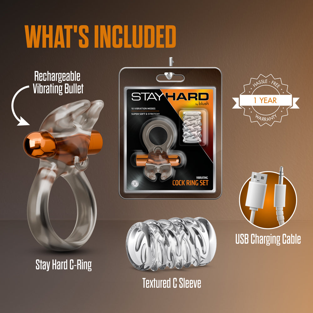 Stay Hard Vibrating Cock Ring Set with Sleeve