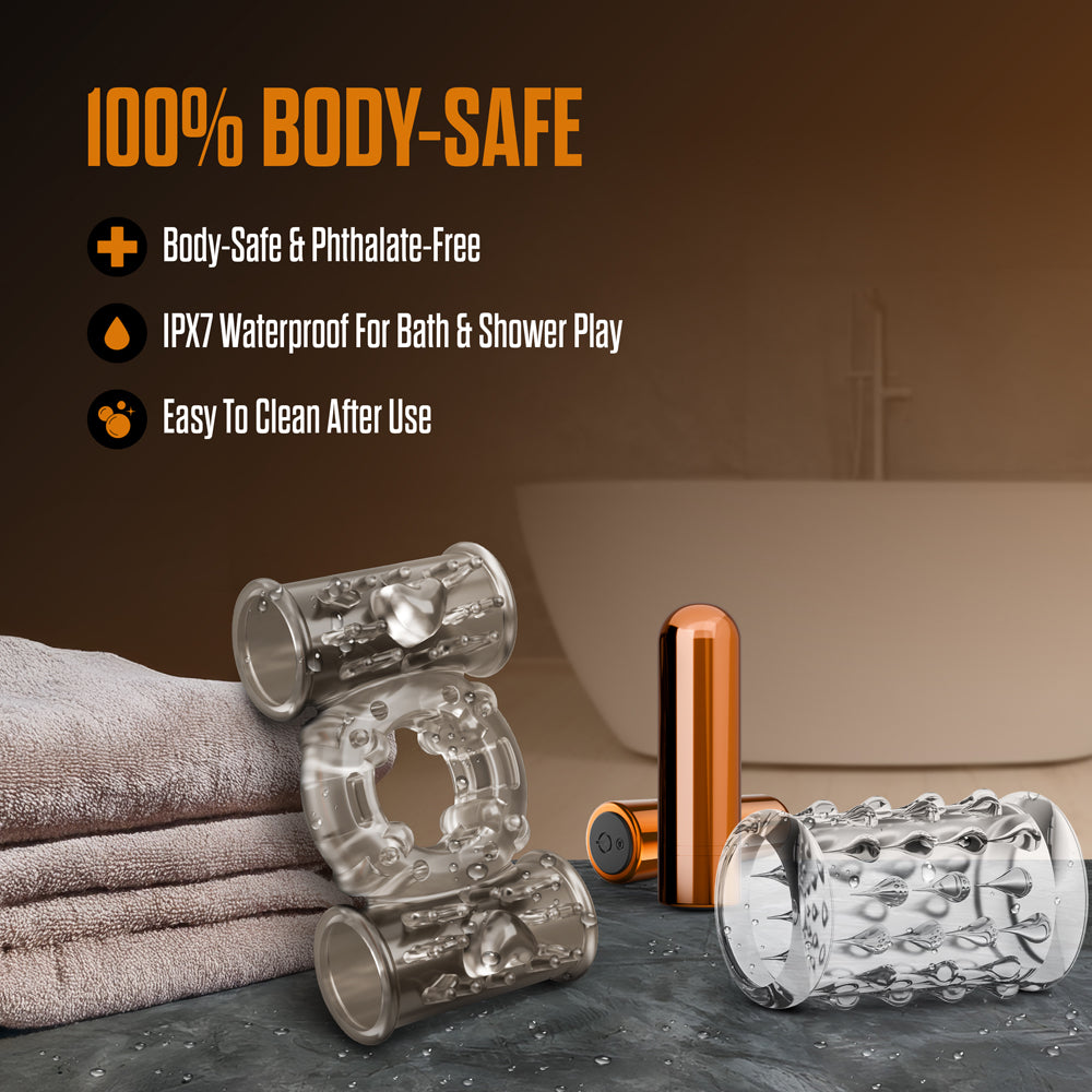 Stay Hard Vibrating Cock Ring Set with Sleeve and 2 Bullets