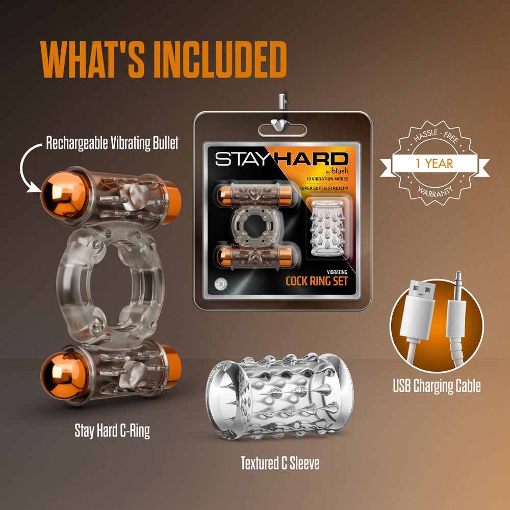 Stay Hard Vibrating Cock Ring Set with Sleeve and 2 Bullets
