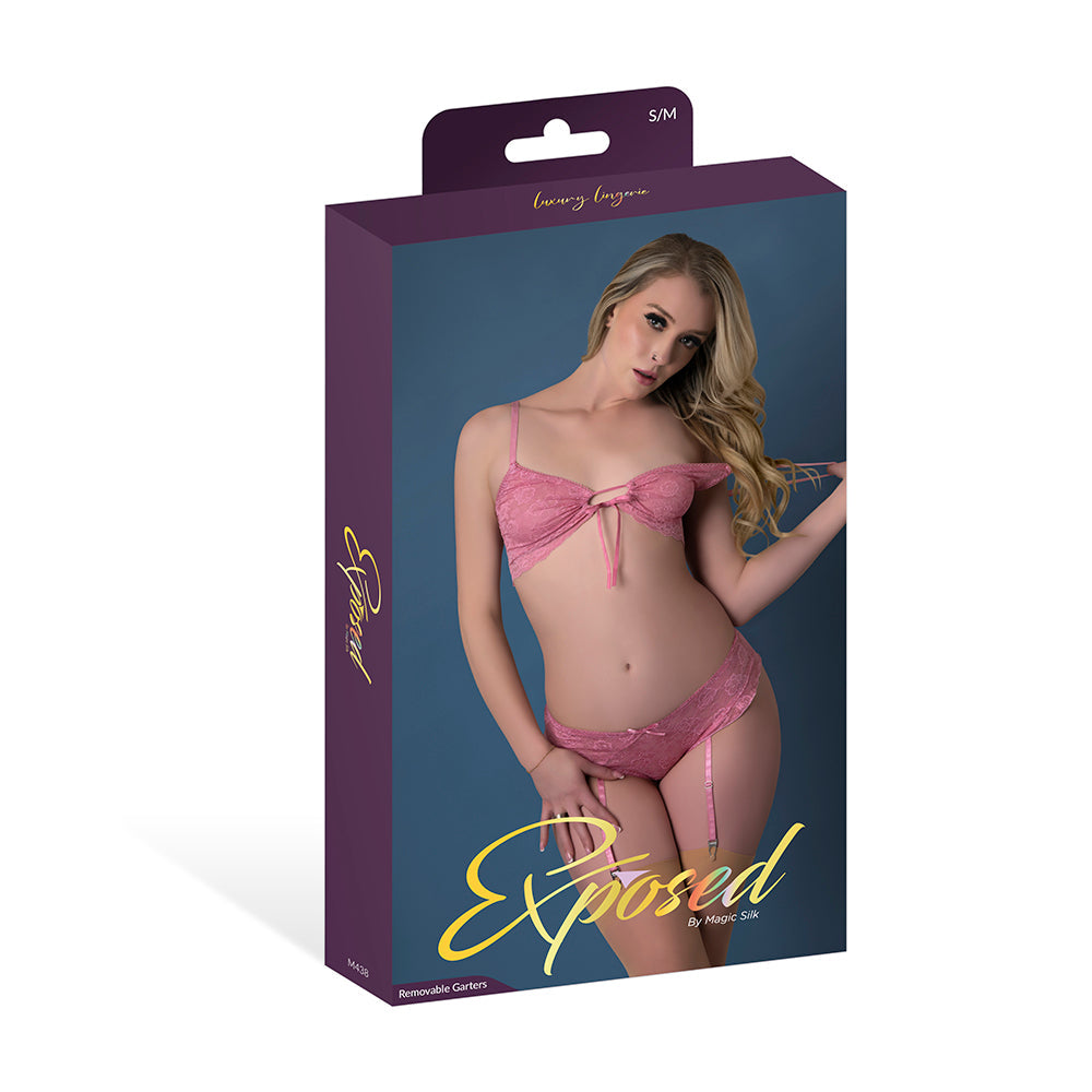 Magic Silk Wisteria Mist Bralette & Panty Set with Removable Garters Pink L/XL