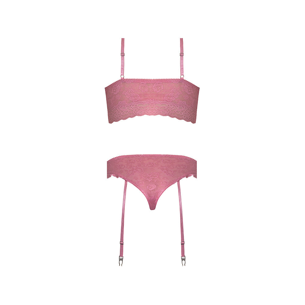 Magic Silk Wisteria Mist Bralette & Panty Set with Removable Garters Pink L/XL