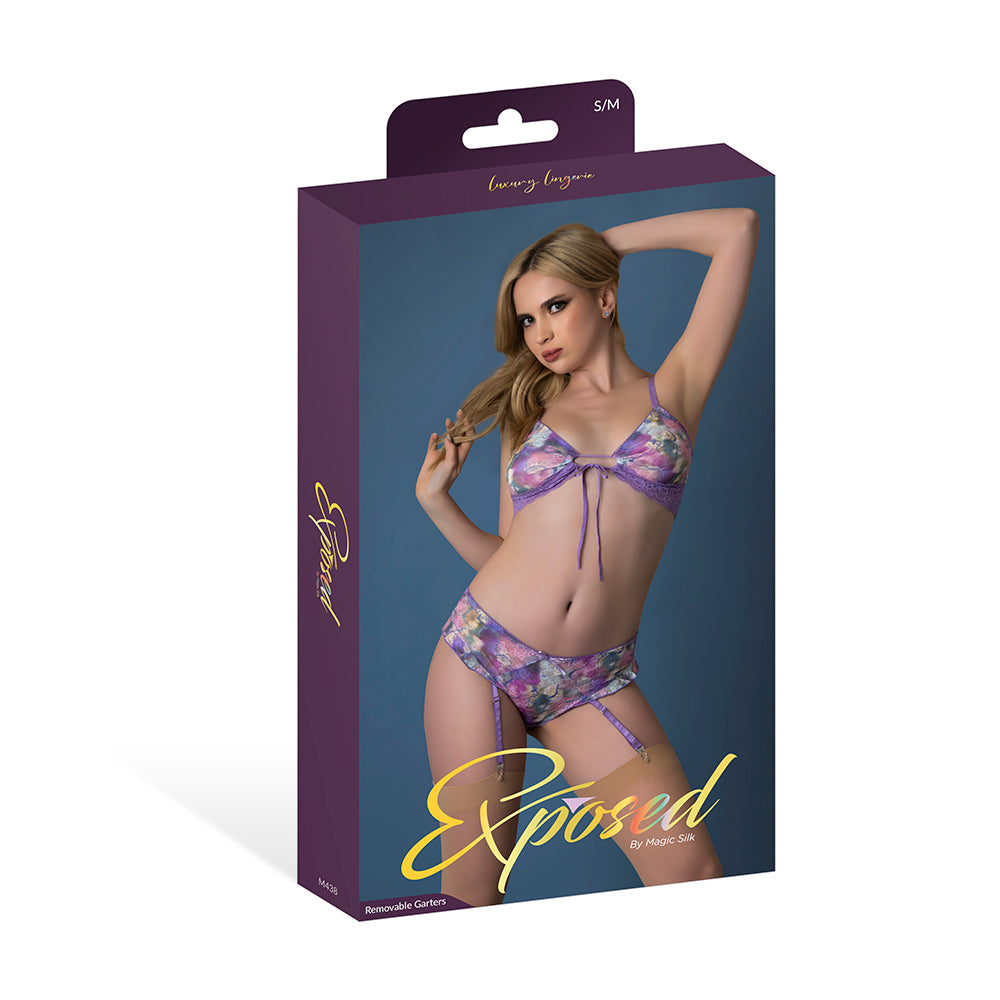 Magic Silk Wisteria Mist Bralette & Panty Set with Removable Garters Floral L/XL