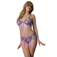 Magic Silk Wisteria Mist Bralette & Panty Set with Removable Garters Floral L/XL