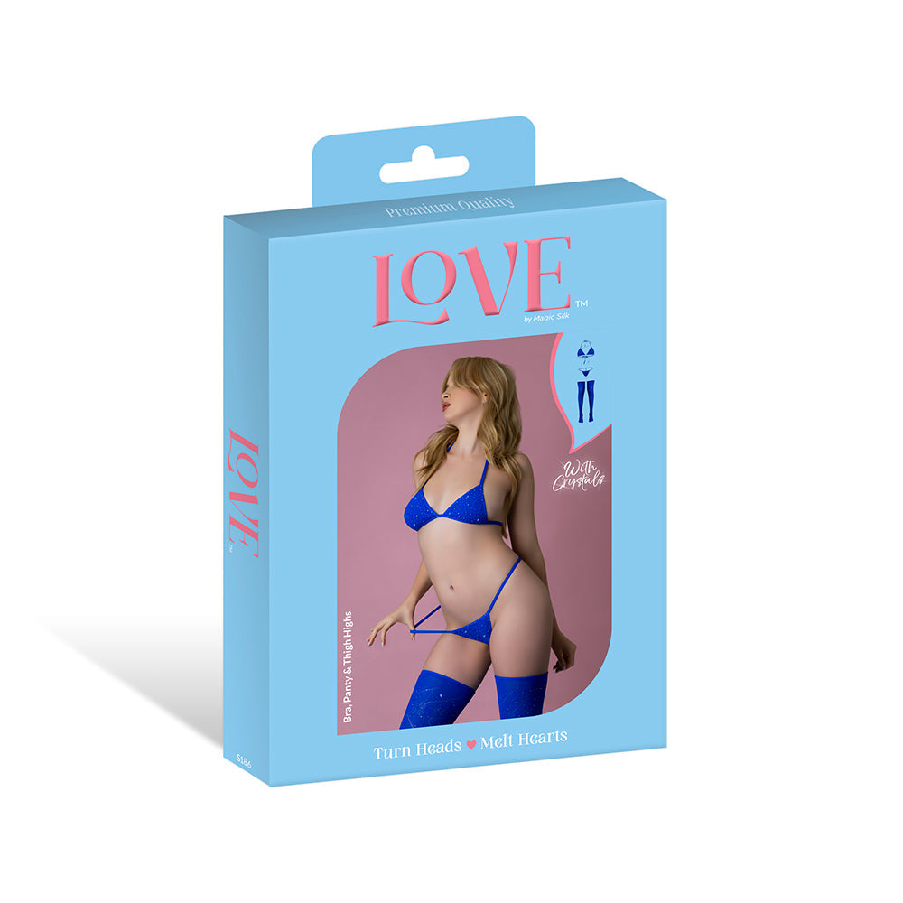 Magic Silk Seamless Bra, Panty & Thigh Highs Set Blue O/S