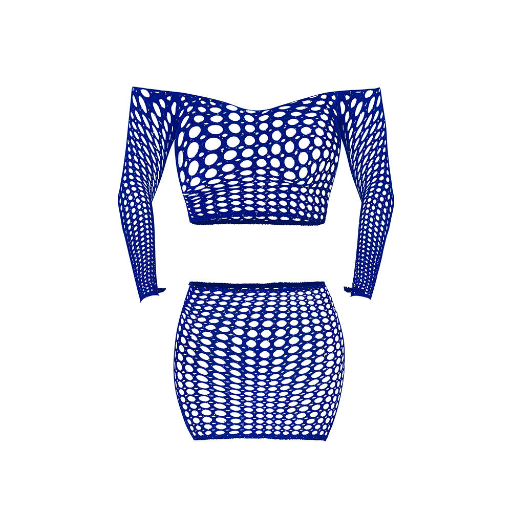 Magic Silk Seamless Off Shoulder Crop Top & Skirt Set Blue O/S