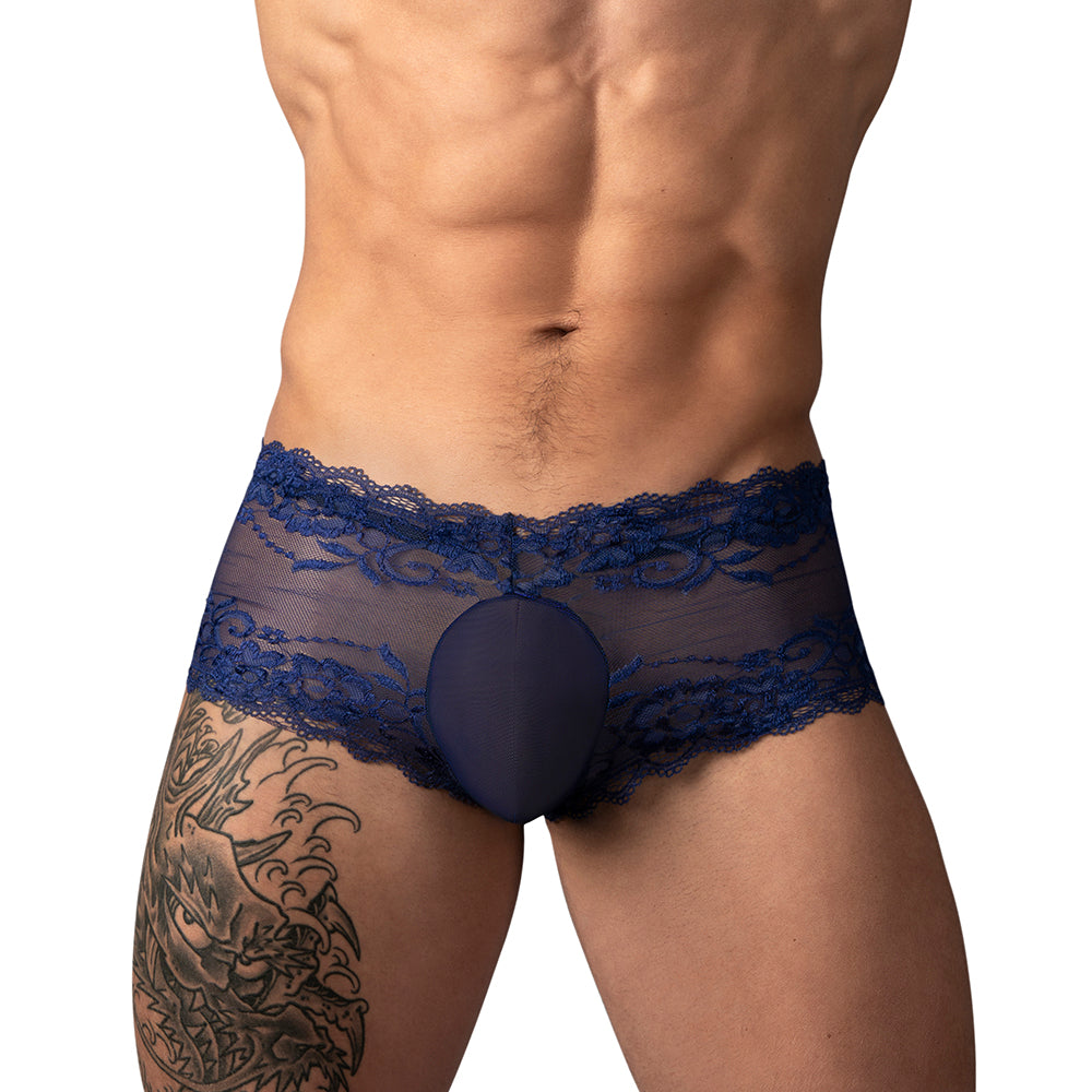 Male Power Sassy Lace Mini Short Sheer Pouch Navy