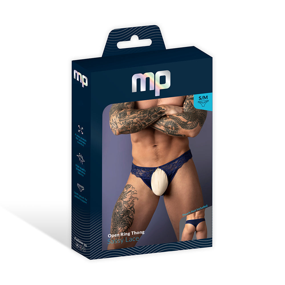 Sassy Lace Open Ring Thong in Navy L/XL