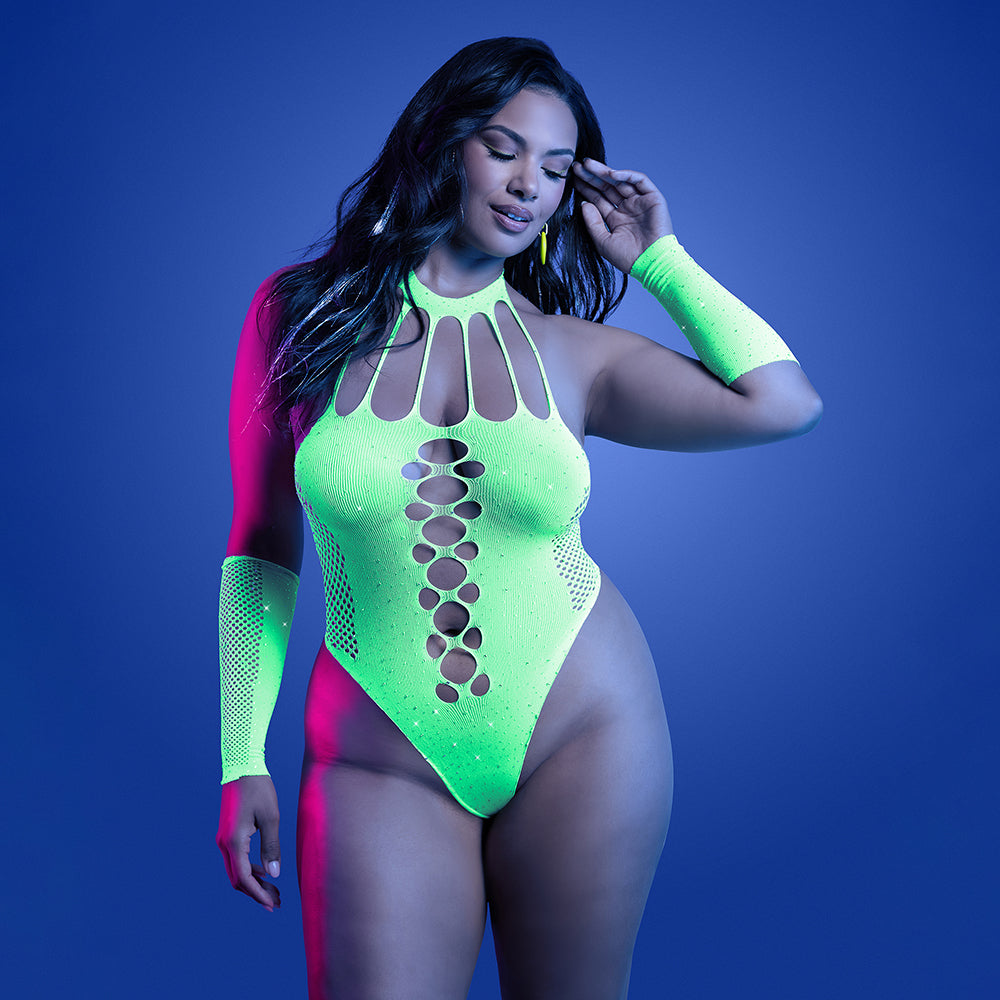Fantasy Lingerie Glow Pressure Point UV Rhinestone Knit Teddy & Matching Gloves