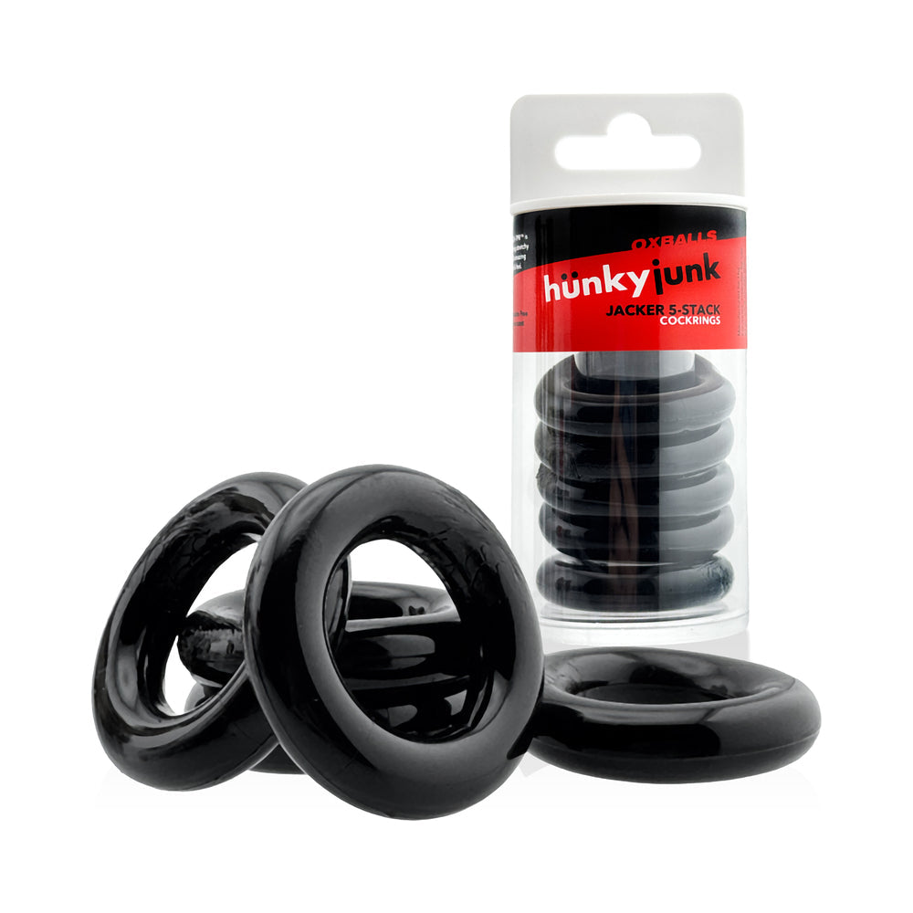 Hunkyjunk Jacker 5-Stack Five-Pack Tube Super-Strong Cockrings Black