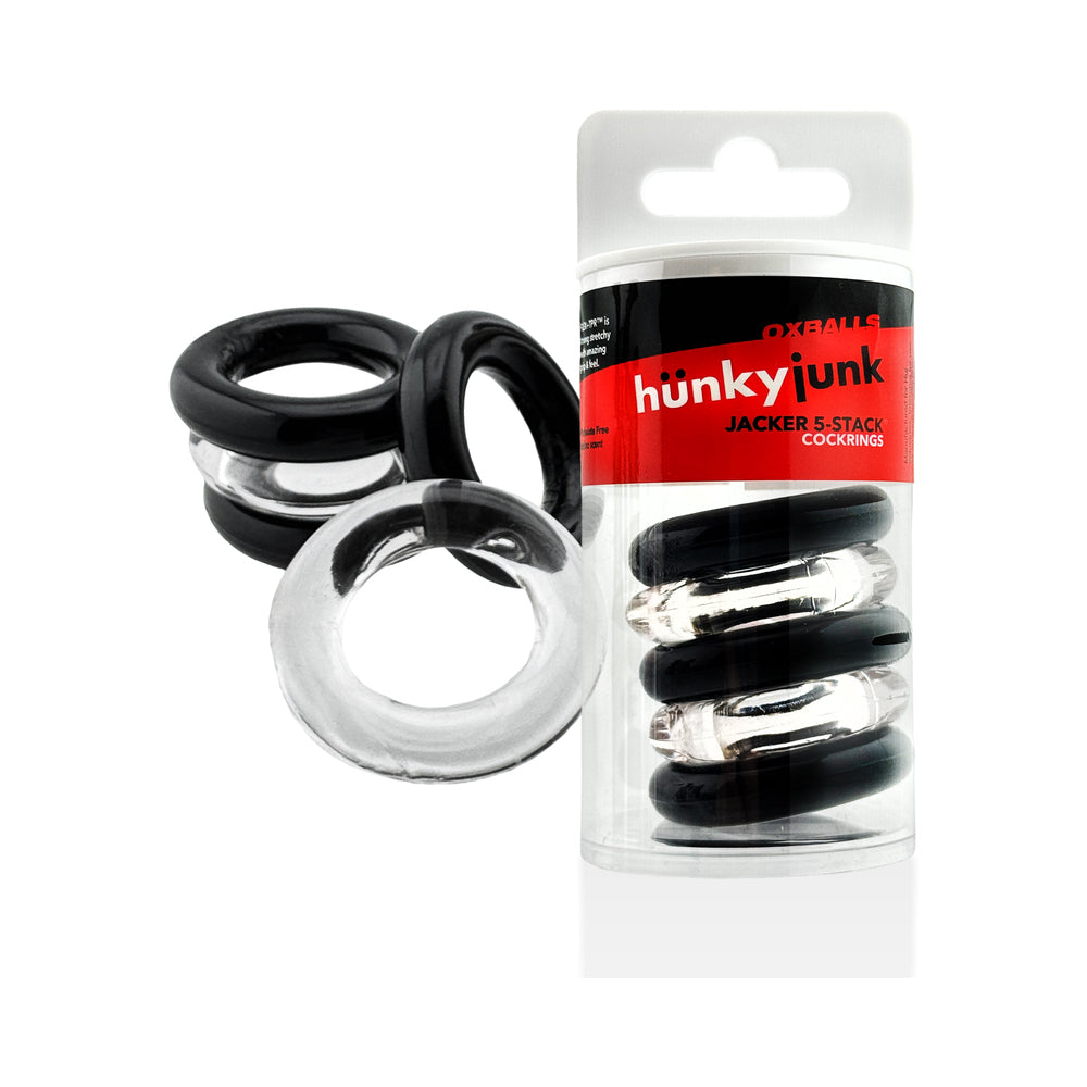 Hunkyjunk Jacker 5-Stack Five-Pack Tube Super-Strong Cockrings Clear/Black