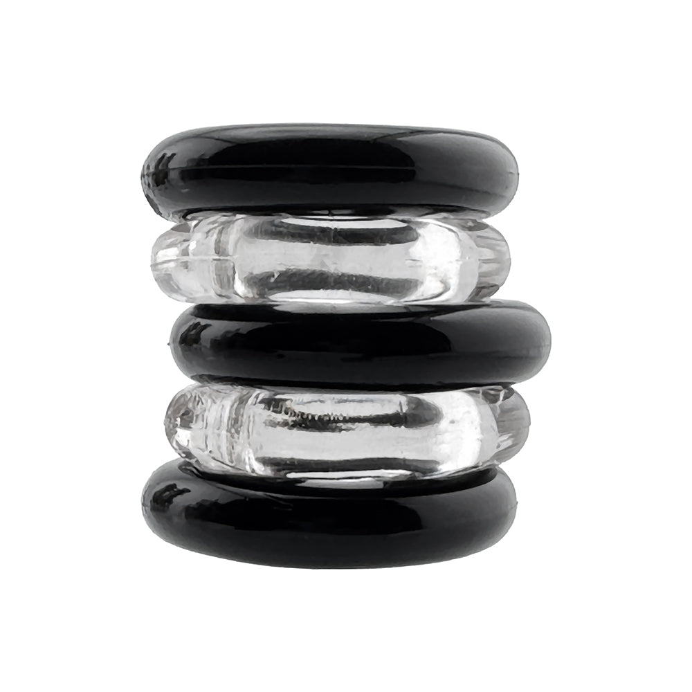 Hunkyjunk Jacker 5-Stack Five-Pack Tube Super-Strong Cockrings Clear/Black