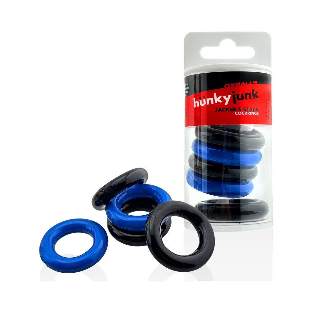 Hunkyjunk Jacker 5-Stack Five-Pack Tube Super-Strong Cockrings Blue/Black
