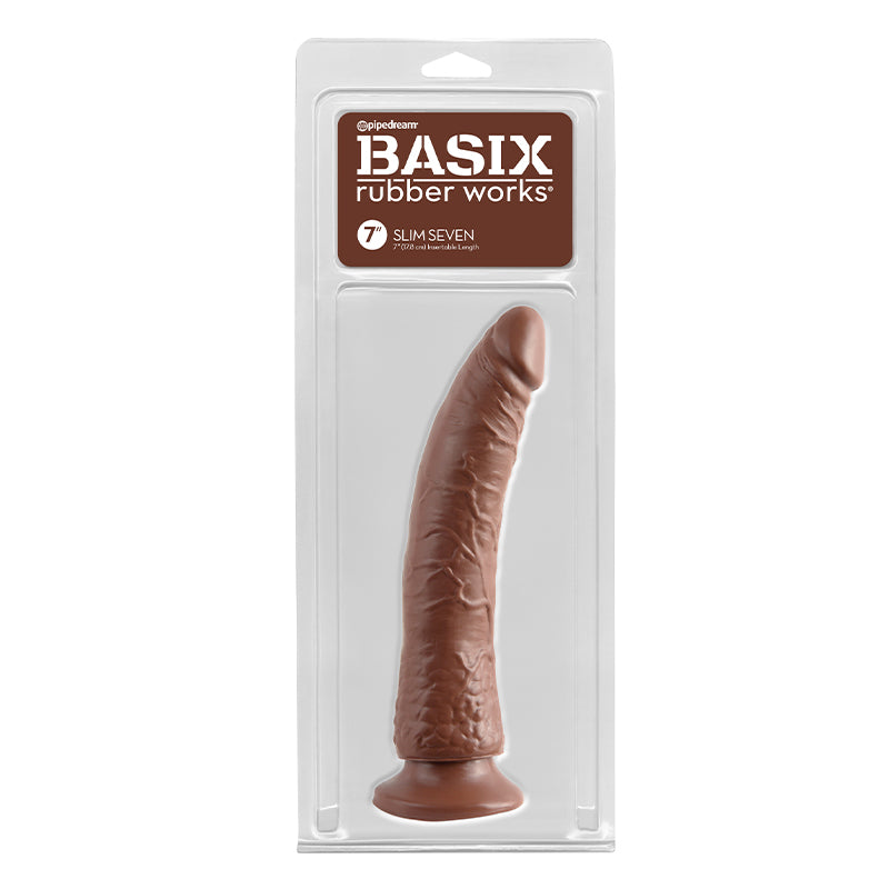 Pipedream Basix Rubber Works Slim Seven 7 in. Dildo With Suction Cup Brown