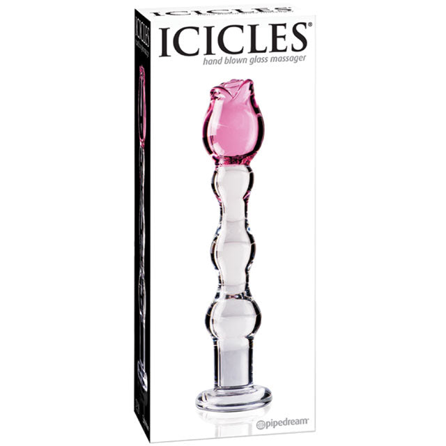 Pipedream Icicles No. 12 Beaded 7.75 in. Glass Dildo With Rose Head Pink/Clear