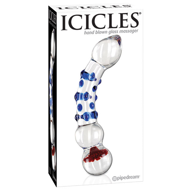 Pipedream Icicles No. 18 Curved Textured 7.5 in. Glass Dildo Blue/Red/Clear