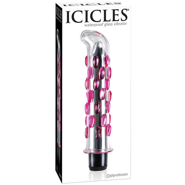 Pipedream Icicles No. 19 Curved Textured Vibrating 7.5 in. Glass Dildo Pink/Clear