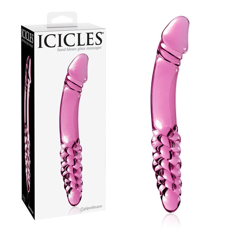 Pipedream Icicles No. 57 Curved Textured 9 in. Dual-Ended Glass Dildo Pink