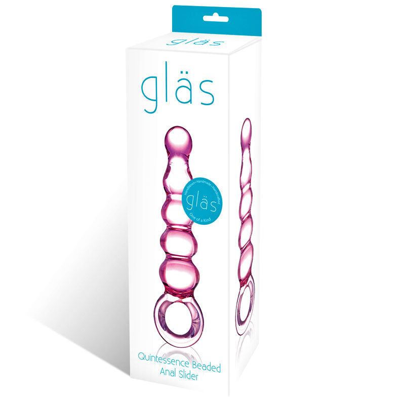 Glas 7.5 in. Quintessence Beaded Anal Slider Glass Dildo with Ring Handle