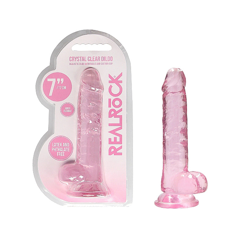 RealRock Crystal Clear Realistic 7 in. Dildo With Balls and Suction Cup Pink