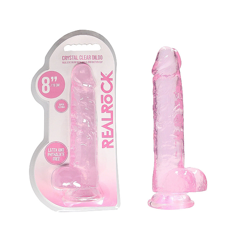 RealRock Crystal Clear Realistic 8 in. Dildo With Balls and Suction Cup Pink