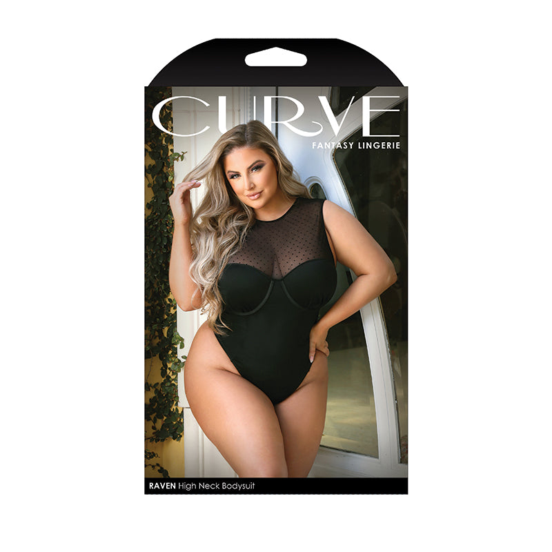 Fantasy Lingerie Curve Raven High-Neck Bodysuit With Back Cutout & Snap Closure Black XL/2XL