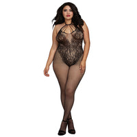 Dreamgirl Fishnet Bodystocking With Knitted ìTeddyî Design, Strappy Neckline, Adjustable Halter Ties, and Open Crotch Black Queen