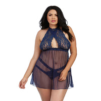 Dreamgirl Stretch Lace & Mesh Babydoll with High-Neck Halter Styling Midnight Queen