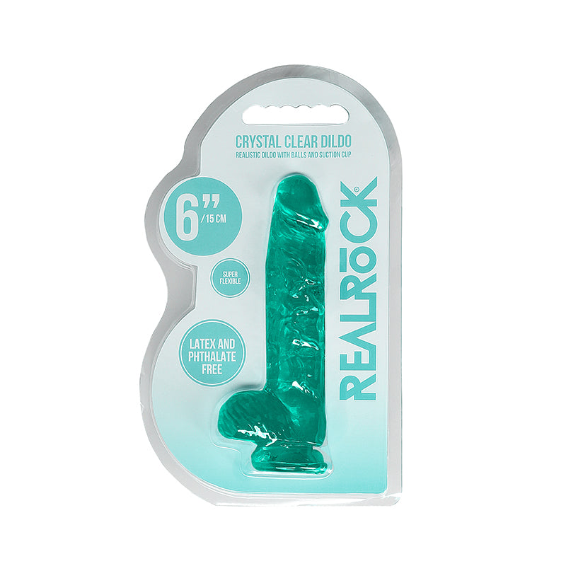 RealRock Crystal Clear Realistic 6 in. Dildo With Balls and Suction Cup Turquoise