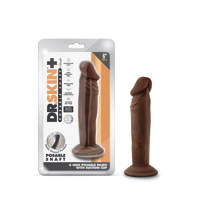 Blush Dr. Skin Plus Realistic 6 in. Triple Density Posable Dildo with Suction Cup Brown