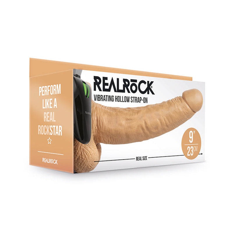 RealRock Realistic 9 in. Vibrating Hollow Strap-On With Balls Tan