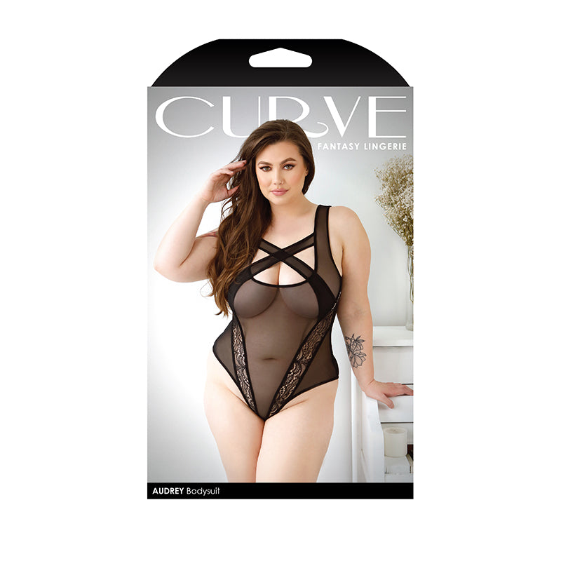 Fantasy Lingerie Curve Audrey Criss-Cross Mesh Bodysuit With Lace Panel Detail & Snap Closure Black 3XL/4XL