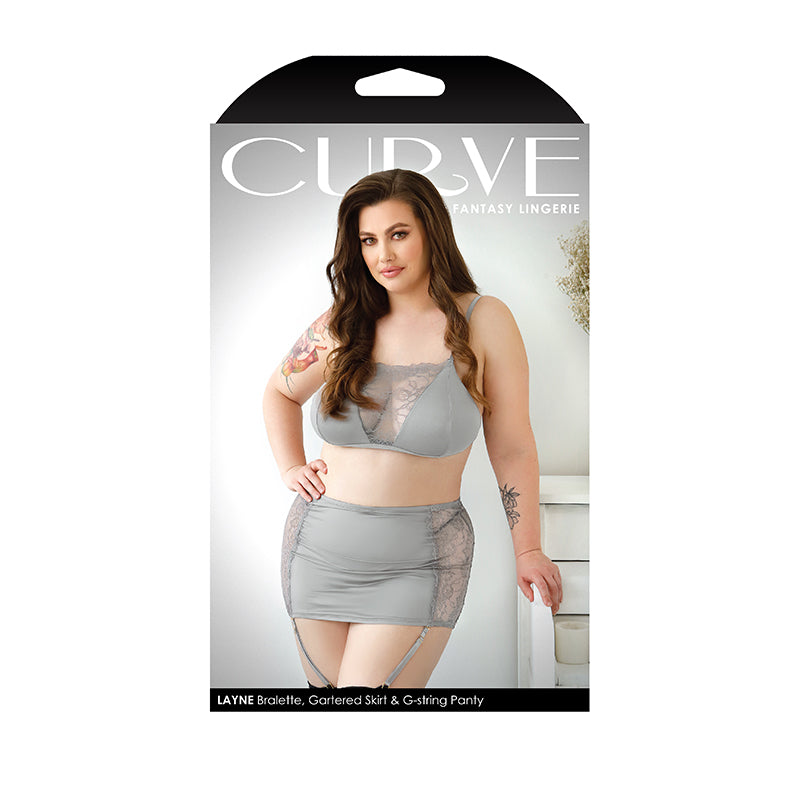 Fantasy Lingerie Curve Layne Lace Panel Bralette, Matching Gartered Skirt & G-String Panty Gray XL/2XL