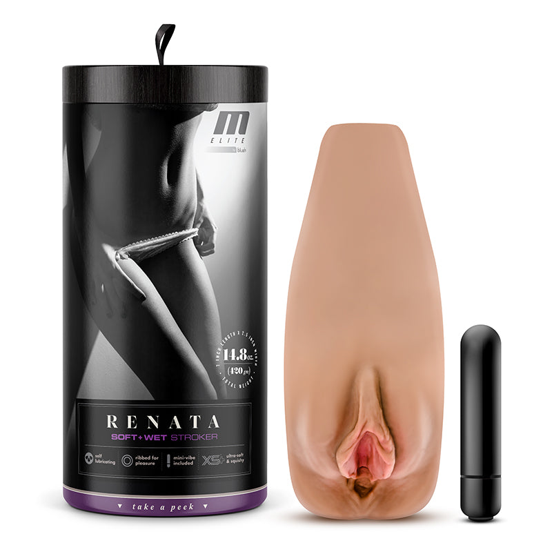 M Elite Soft + Wet Renata Vagina Stroker with Bullet Vibrator Tan