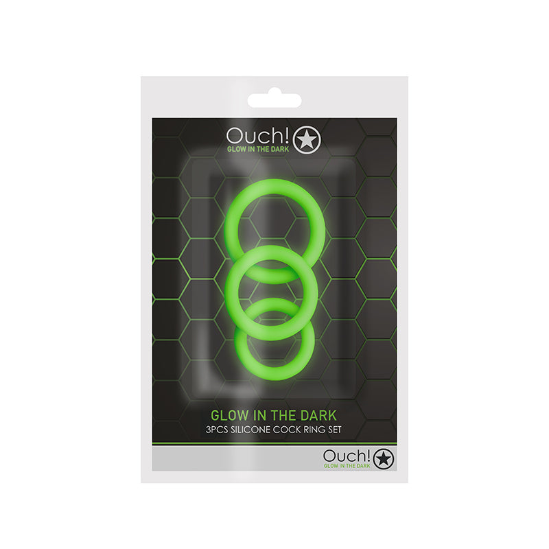 Ouch! Glow in the Dark 3-Piece Silicone Cockring Set Neon Green